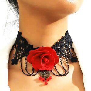 Choker Necklace Rose Collar Lace Dangle Beads Chains Goth Costume Trendy Cosplay